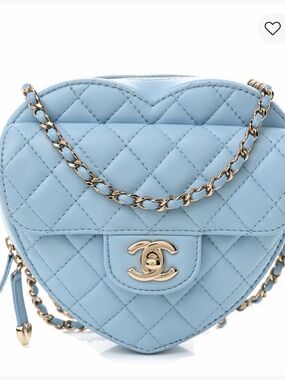CHANEL Baby Blue Quilted Heart Mini Crossbody with Gold Chain